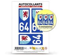 Autocollant Plaque Immatriculation 3 stickers département 64 Pyrénées-Atlantiques - Nouvelle-Aquitaine en version Fond Bleu : Moto et Cyclo - 6,5 x 3 cm