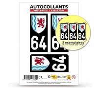 Autocollant Plaque Immatriculation 3 Stickers département 64 Pyrénées-Atlantiques - Nouvelle-Aquitaine en Version Fond Noir : Moto et Cyclo - 6,5 x 3 cm