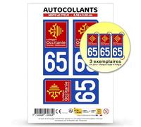 Autocollant Plaque Immatriculation 3 Stickers département 65 Hautes-Pyrénées - Occitanie en Version Fond Bleu : Moto et Cyclo - 6,5 x 3 cm