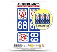 Autocollant Plaque Immatriculation 3 stickers département 68 Haut-Rhin - Alsace en version Fond Bleu : Moto et Cyclo - 6,5 x 3 cm