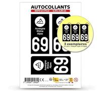Autocollant Plaque Immatriculation 3 Stickers département 69 Rhône - Auvergne-Rhône-Alpes en Version : Fond Noir - Moto et Cyclo 6,5 x 3 cm
