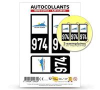 Autocollant Plaque Immatriculation 3 stickers département 974-H Réunion - DROM en version Fond Noir : Moto et Cyclo - 6,5 x 3 cm
