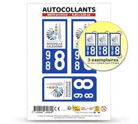 Autocollant Plaque Immatriculation 3 Stickers département 988 Nouvelle-Calédonie - COM en Version Fond Bleu : Moto et Cyclo - 6,5 x 3 cm
