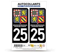 Autocollant Plaque Immatriculation2 Stickers département 25 Doubs - Bourgogne-Franche-Comté II en Version : Fond Noir - 9,8 x 4,5 cm Angles Arrondis