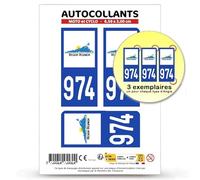 Autocollant Plaque Immatriculation3 stickers département 974-H Réunion - DROM en version Fond Bleu : Moto et Cyclo - 6,5 x 3 cm