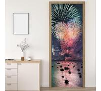 Autocollant Porte 3D Stickers De Porte Feu d'artifice de voilier Pvc Imperméable Trompe L'Œil Décoration Papier Peint Murale Pour Salon Cuisine Chambre Salle De Bain Decoration L77 x H200cm