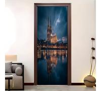 Autocollant Porte 73 x 205 cmRéFlexion De BâTiments Urbains RéTro Sticker Porte Auto-adhésif Vinyle Résistant à l’humidité Bleu Foncé Convient Pour Décoration de Chambre Adulte et Enfant.