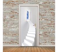 Autocollant Porte 77x200 cm Escalier blanc 3D Art Stickers de Porte PVC Imperméable Trompe L'Œil Papier Peint Murale pour Salon Cuisine Chambre Salle de Bain Decoration