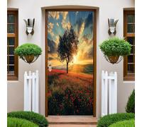 Autocollant Porte 77x200 cm Fleurs du coucher du soleil Petit arbre 3D Art Stickers de Porte PVC Imperméable Trompe L'Œil Papier Peint Murale pour Salon Cuisine Chambre Salle de Bain Decoration