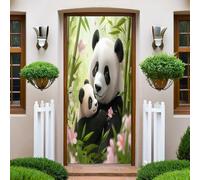 Autocollant Porte 77x200 cm Panda animal et bambou vert 3D Art Stickers de Porte PVC Imperméable Trompe L'Œil Papier Peint Murale pour Salon Cuisine Chambre Salle de Bain Decoration