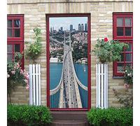 Autocollant Porte 77x200 cm Paysage du pont de la ville 3D Art Stickers de Porte PVC Imperméable Trompe L'Œil Papier Peint Murale pour Salon Cuisine Chambre Salle de Bain Decoration