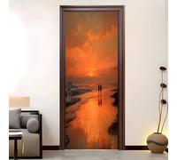 Autocollant Porte Auto-adhésif en PVC 95 x 205 cm Silhouette Du Coucher De Soleil Autocollant Porte Amovible Sans Résidus Imperméable Couleur Orange Stickers Pour Chambre Cuisine Salon.