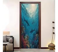 Autocollant Porte Auto-adhésif Stickers 83 x 205 cm Animaux Marins Requins Vinyle étanche Autocollant Porte 3D Bleu Autocollants Pour Aalon Chambre Décoration