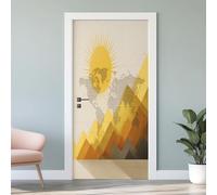 Autocollant Porte Carte du Monde 3D, Art Abstrait Géométrie Sticker Porte Mural Trompe L'oeil Poster De Porte Montagne Soleil PVC Auto-Adhésif pour Chambre Salle De Bain 85x215 cm U4s138