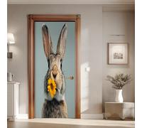 Autocollant Porte Lapin Fleur Jaune Vinyle Auto-adhésif Imperméable Amovible Sticker Porte Animaux Lièvre Mignon Effet 3D 83x205 cm pour Salon Chambre Salle de Bain