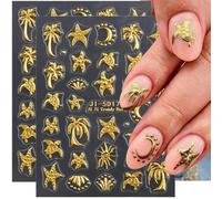 Autocollant pour ongles - Tortue de mer dorée - Cocotier - Étoile de mer - Océan tropical - Plage - 5D - En relief - Lune - Soleil - Tortue - Palmier - Accessoire pour ongles