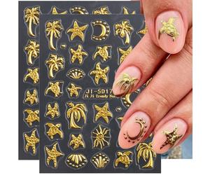Autocollant pour ongles - Tortue de mer dorée - Cocotier - Étoile de mer - Océan tropical - Plage - 5D - En relief - Lune - Soleil - Tortue - Palmier - Accessoire pour ongles