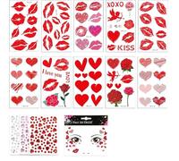 Autocollant Saint-Valentin - 1 feuille tatouage scintillant, 10 tatouages cœur baiser, 3 cristaux autocollants, Accessoire carnaval et costume de Cupidon, Décoration peau scintillante pour a