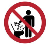 Autocollant Signalétique plastifié rond sticker résistant à l’eau NF ISO7010 - Adhésif laminé résistant aux UV - Interdit de jeter des objets dans les toilettes - Diamètre 60 cm