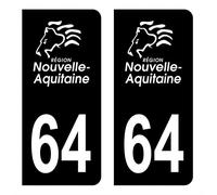 Autocollant Stickers plaque immatriculation département 64 Pyrénées-Atlantiques Région Nouvelle Aquitaine Noir