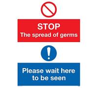 Autocollant « Stop germs Please wait here to be seen »
