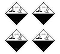Autocollants : 100 x 100 mm, 4 pièces - Notices de danger - Classe 8 - Substances corrosives - Pictogramme de sécurité ADR/GHS/DGR/UN