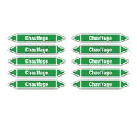 Autocollants : 100 x 15 mm, lot de 10 - Groupe 1 - Eau - Marquage de tuyauterie - Conforme à la norme DIN 2403 - Langue : français - Chauffage