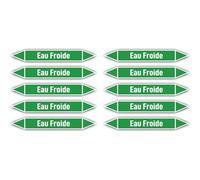 Autocollants : 100x15 mm, 10 pièces - Groupe 1 - Eau - Identification de tuyauterie - selon la norme DIN 2403 - Langue : français - Eau Froide