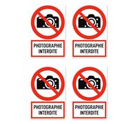 Autocollants : 112,5 x 75 mm, lot de 4 - Interdiction de prendre des photos - Langue : français - Panneau d'interdiction avec texte (rouge/blanc) - Portrait - P029 - DIN EN ISO 7010