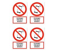 Autocollants : 112,5 x 75 mm, lot de 4 - Interdit aux téléphones portables - Langue : français - Panneau d'interdiction avec texte (rouge/blanc) - Portrait - DIN EN ISO 7010