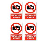 Autocollants : 112,5 x 75 mm, lot de 4 - Photographie interdite - Panneau d'interdiction avec texte (rouge/blanc) - Portrait - DIN EN ISO 7010 / ASR A1.29