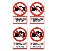 Autocollants : 150 x 100 mm, lot de 4 - Interdiction de prendre des photos - Langue : français - Panneau d'interdiction avec texte (rouge/blanc) - Portrait - P029 - DIN EN ISO 7010