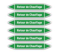 Autocollants : 200x30 mm, lot de 6 - Groupe 1 - Eau - Identification de tuyauterie - selon la norme DIN 2403 - Langue : français - Retour de Chauffage