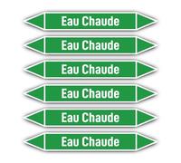 Autocollants : 200x30 mm, lot de 6 - Groupe 1 - Eau - Identification de tuyauterie - selon la norme DIN 2403 - Langue : français - Eau Chaude