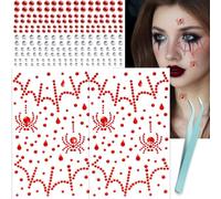 Autocollants 3D Toile d'araignée avec strass, 3pcs Halloween Autocollants Visage Pierres Scintillantes Auto-adhésif , Avec des Pinces à épiler, Strass visage Tatouage pour Carnaval, Cosplay