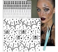 Autocollants 3D Toile d'araignée avec strass, 3pcs Halloween Autocollants Visage Pierres Scintillantes Auto-adhésif , Avec des Pinces à épiler, Strass visage Tatouage pour Carnaval, Cosplay