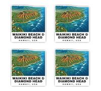 Autocollants : 75 mm, 4 pièces - Waikiki Beach & Diamond Head Hawaii USA Grand Voyage Stickers