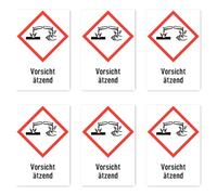 Autocollants : 75 x 50 mm, 6 pièces - Attention caustique - Symbole de danger avec texte (allemand) (rouge/blanc) - Portrait - GHS05 - Pictogramme de danger UN/GHS