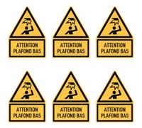 Autocollants : 75 x 50 mm, 6 pièces - Attention plafond bas - Langue : français - Signes d'avertissement avec texte (jaune/noir) - Triangle - W020 - DIN EN ISO 7010
