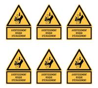 Autocollants : 75 x 50 mm, 6 pièces - Avertissement risque d'écrasement - Langue : français - Panneau d'avertissement avec texte (jaune/noir) - Triangle - W030 - DIN EN ISO 7010