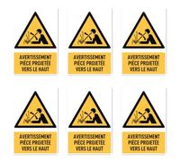 Autocollants : 75 x 50 mm, lot de 6 - Avertissement pièce à usiner très rapide dans une presse - Panneau d'avertissement avec texte (jaune/noir) - vertical - DIN EN ISO 7010 / ASR A1.3