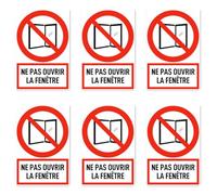 Autocollants : 75 x 50 mm, lot de 6 - Ne pas ouvrir la fenêtre - Langue : français - Panneau d'interdiction avec texte (rouge/blanc) - Format portrait - DIN EN ISO 7010