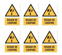 Autocollants : 75 x 50 mm, lot de 6 - Risque de coupe - Panneau d'avertissement avec texte (jaune/noir) - Portrait - DIN EN ISO 7010 / ASR A1.3