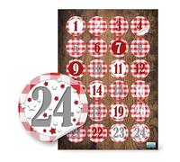 Autocollants calendrier de l’avent 1 à 24: étiquettes numérotées adhésives style chalet rouge et blanc pour déco rustique Noël, chiffre pour pochette, bocal, boîte DIY, Ø 4 cm