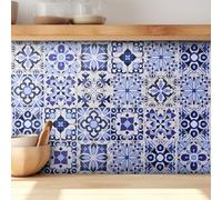Autocollants Carrelage Vintage Bleu Marocain Stickers Muraux Autocollant Carrelage Art DIY Cuisine Salle de Bain Panneau Arrière Sol Décoration de la Maison PVC Imperméable Résistant à l'huile 15,2 x