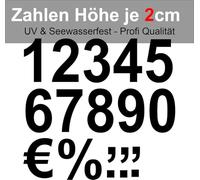 Autocollants chiffres, hauteur par chiffre, 2 cm, avec caractères spéciaux, lot au choix entre 10 et 100 pièces, résistant aux UV et à l'eau de mer, pour toutes les surfaces, voiture, moto, poubelle