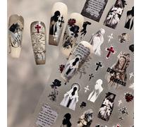 Autocollants d'art pour ongles 5D en relief style manuscrit vintage & déesse gothique sombre, style avant-garde sous-culture/renouveau baroque/décadent Y2K, décalcomanies pour ongles auto-adhésives, a
