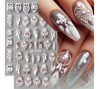 Autocollants d'art pour ongles avec attrape-rêves, plumes et hibou, décalcomanies d'ongles à fleurs blanches autoadhésives, fournitures pour la création d'art pour les ongles pour les vacances Polyéth