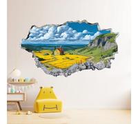 Autocollants De Décoration Murale 3D, Maisons Des Champs De Blé De Cloud Mountain Autocollants De Sol Imperméables Amovibles, Paysage Rural Smashed Stickers Muraux Pour Maison Décoration Murale 87x58