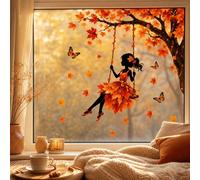 Autocollants de fenêtre d'automne, autocollants de fenêtre silhouette de balançoire de feuille d'érable d'automne, décalcomanies statiques amovibles avec papillons, convient pour Thanksgiving, Hallowe